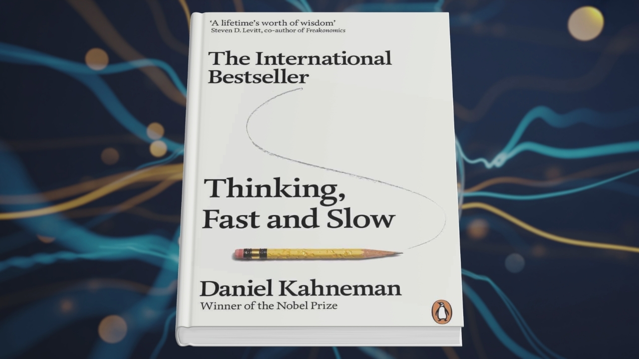 Knjiga Thinking, Fast and Slow Danijela Kanemana na apstraktnoj pozadini sa linijama i svetlima