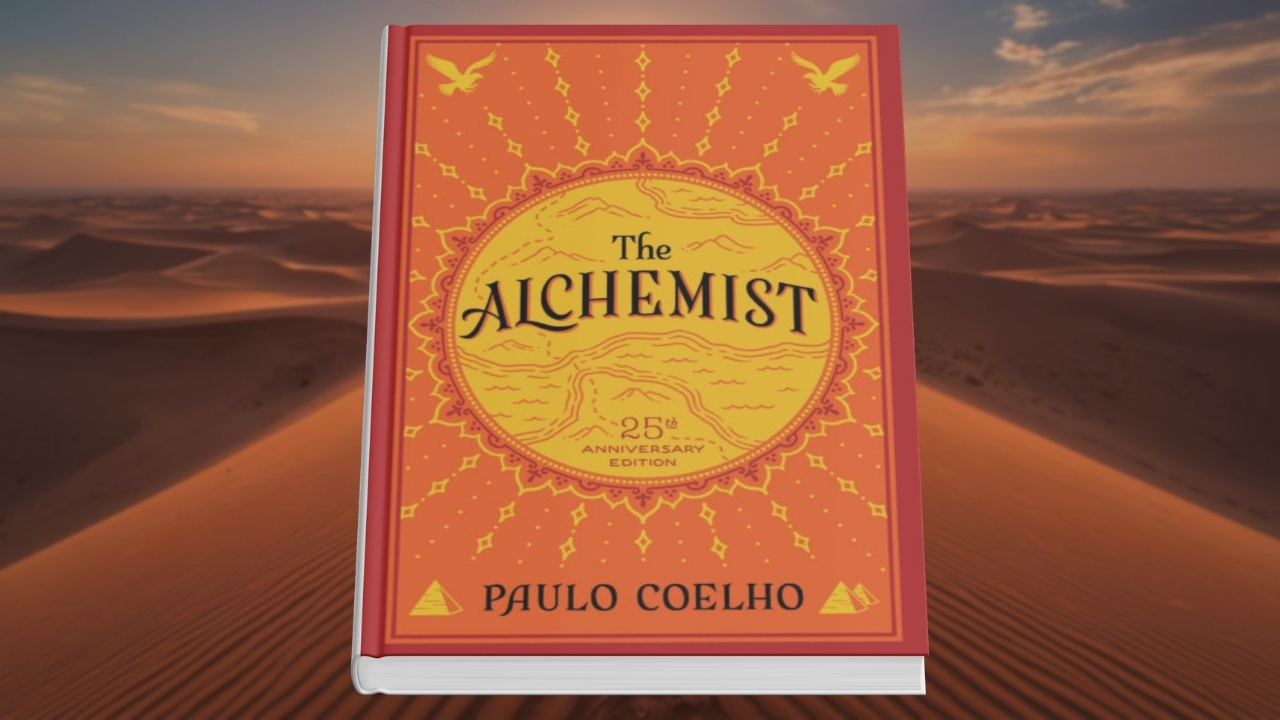 Knjiga The Alchemist Paula Koelja sa prepoznatljivom narandžastom koricom na pozadini pustinje
